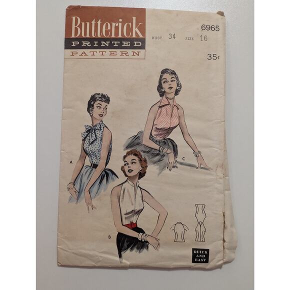 Butterick 6965 Vintage Quick and Easy Bare-Armed Blouses 1954 Original Size 16 - Picture 1 of 3
